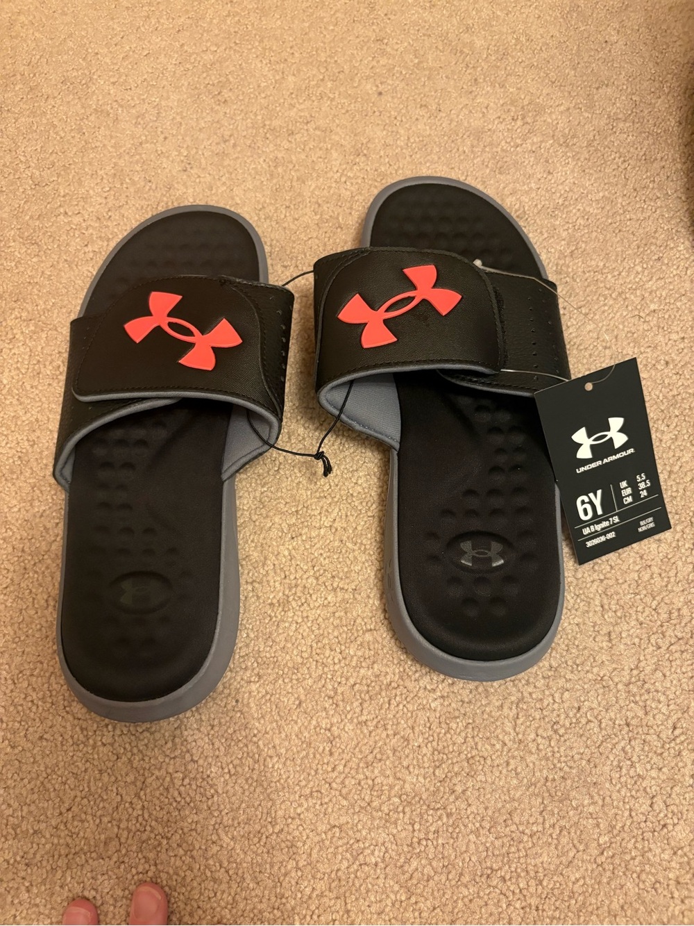 Under Armour Kids Black Slides with Red Logo and Gray Trim